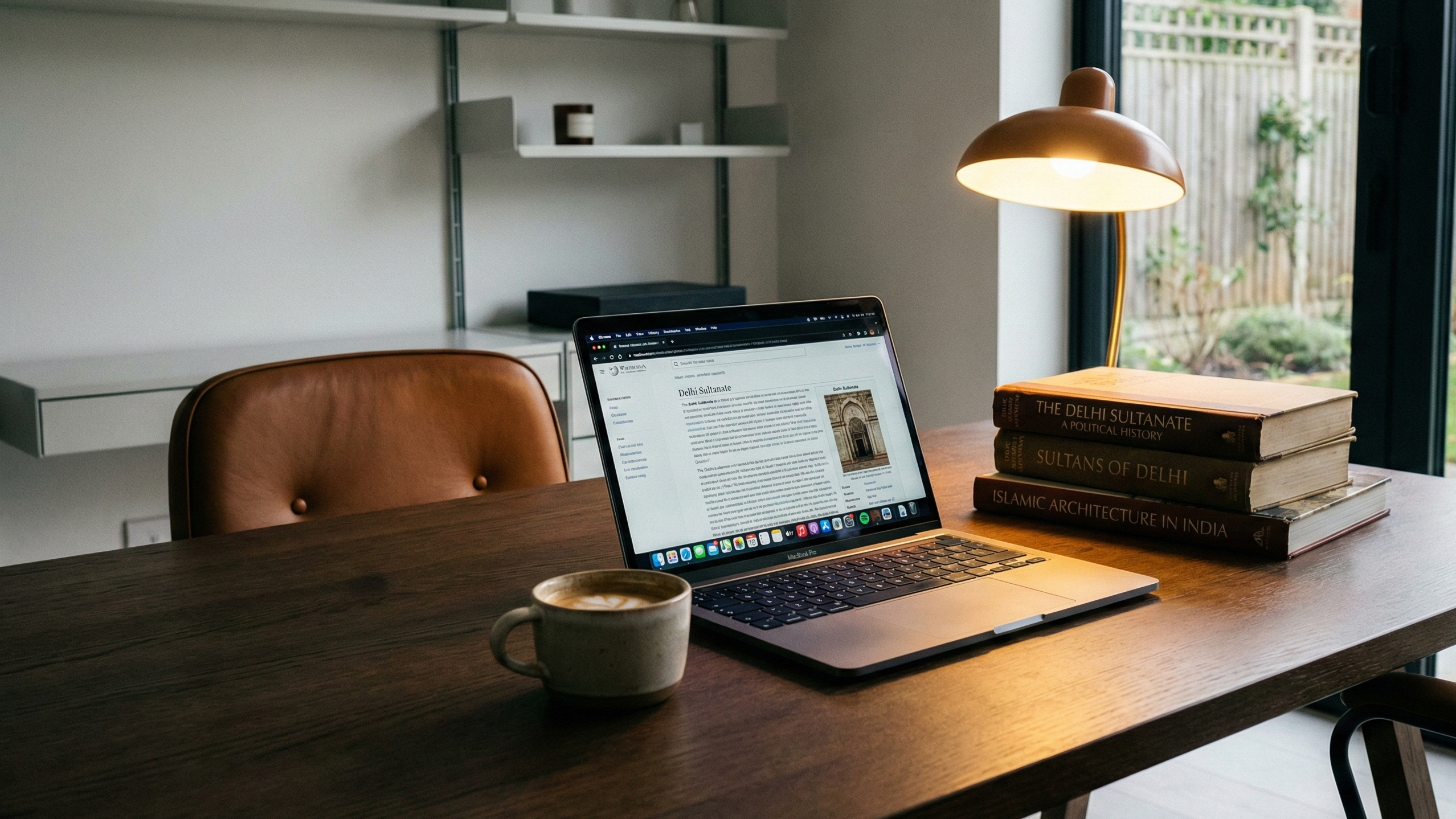 A scholarly setting — desk with historical books, lamp, manuscripts, and laptop — representing the research and dedication behind this educational project