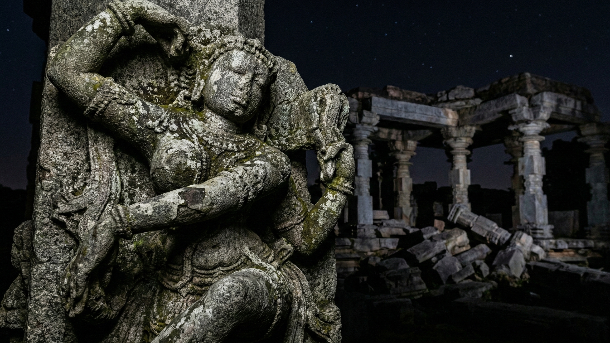 Ruins of a magnificent Hindu temple — broken pillars and shattered carved stones scattered across a sunlit plain, representing the cultural destruction wrought by Ghiyasuddin Tughlaq's campaigns against the Kakatiya kingdom
