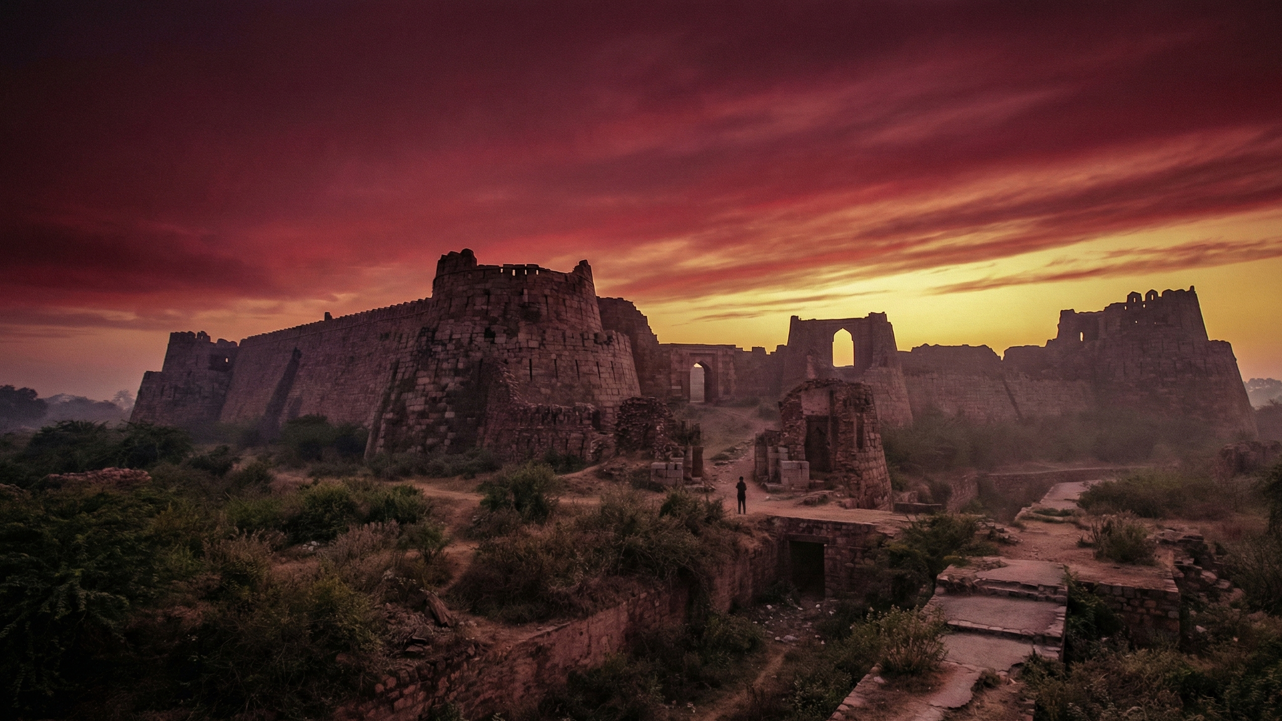 Dark atmospheric depiction of Tughlaqabad Fort — the massive stone fortification built by Ghiyasuddin Tughlaq rising against a blood-red dusk sky, with Sultanate soldiers and cavalry silhouetted against the horizon, representing the founding of the Tughlaq dynasty and its rule over India
