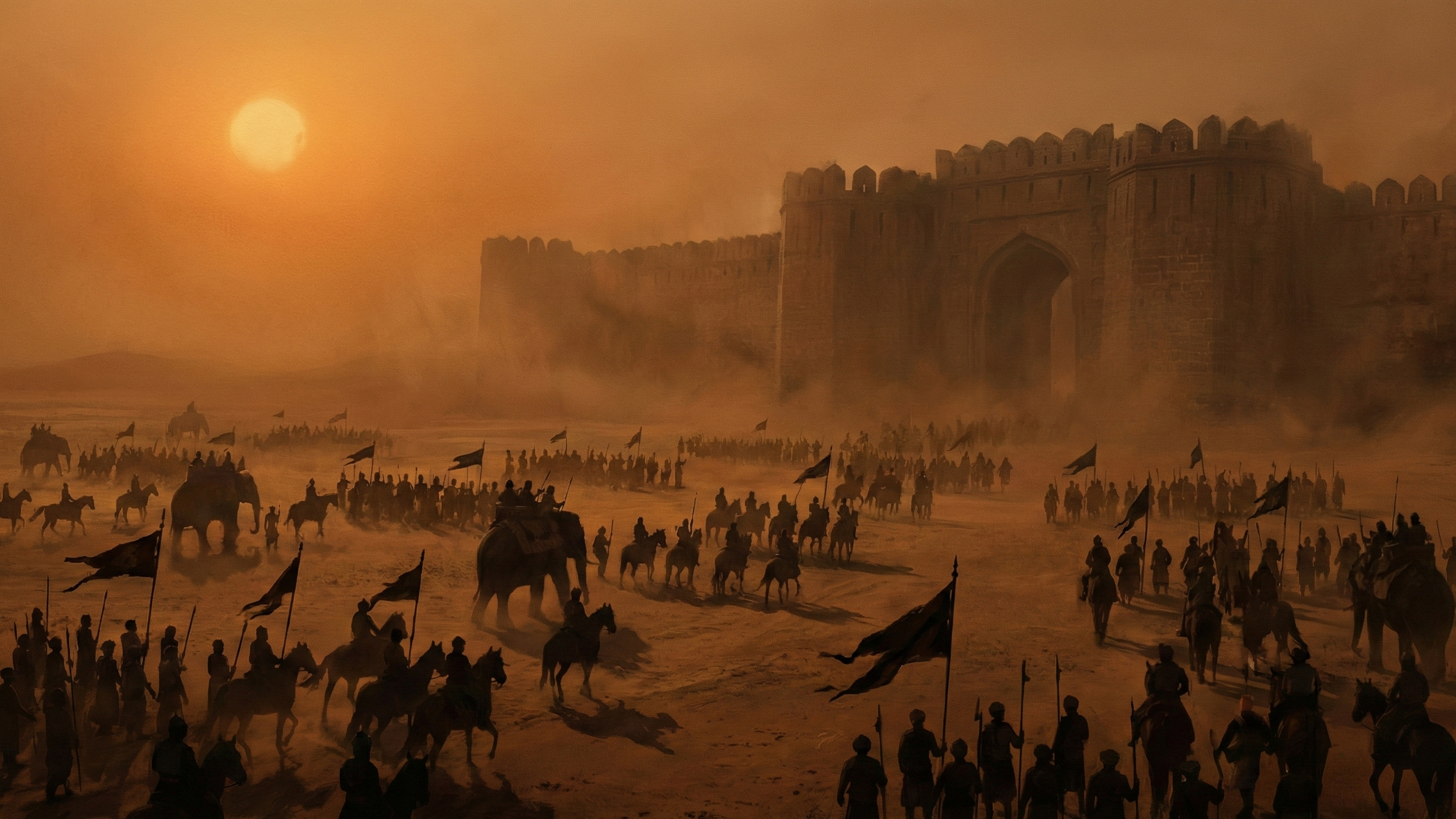 Dramatic battlefield scene — medieval Sultanate cavalry and war elephants advancing toward the fortified walls of Warangal under a smoke-filled sky, representing Ghiyasuddin Tughlaq's military campaigns that destroyed the Kakatiya kingdom
